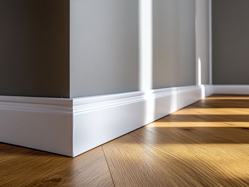 Guardapolvos blancos instalados sobre piso oak