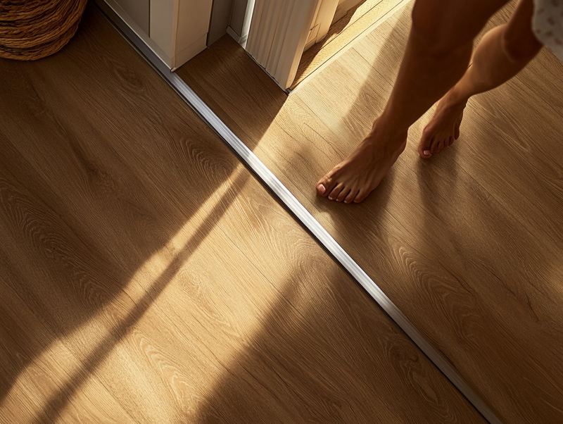 Junquillo metálico en umbral con piso oak