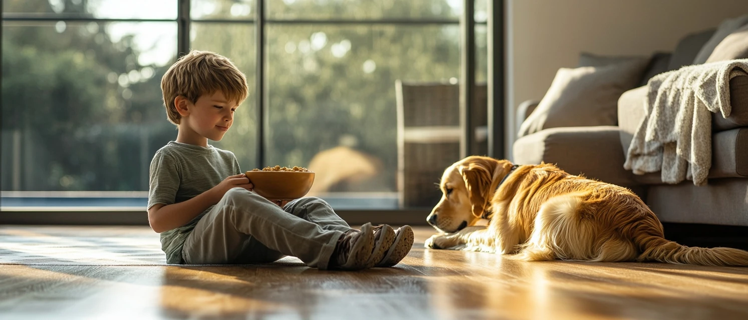 Niño desayunando con su perro sobre el piso