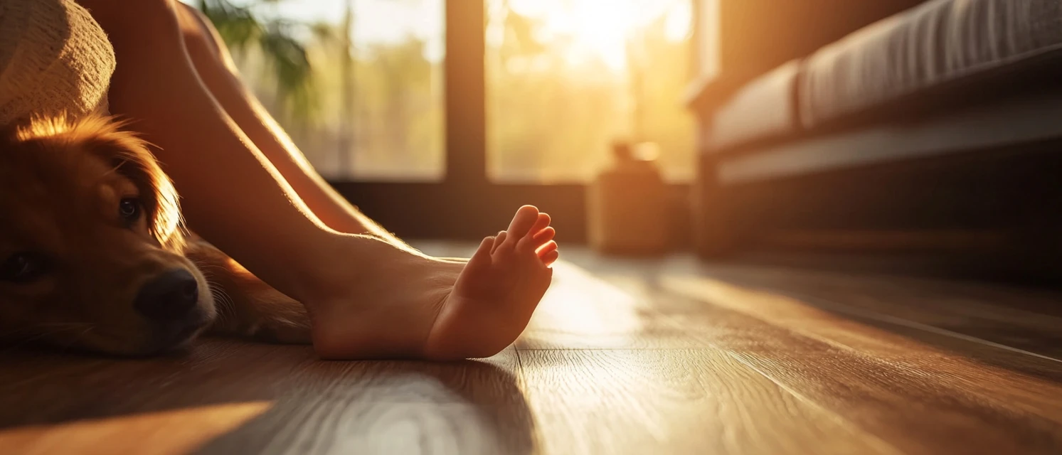 Detalle de pie descalzo y perro sobre piso SPC