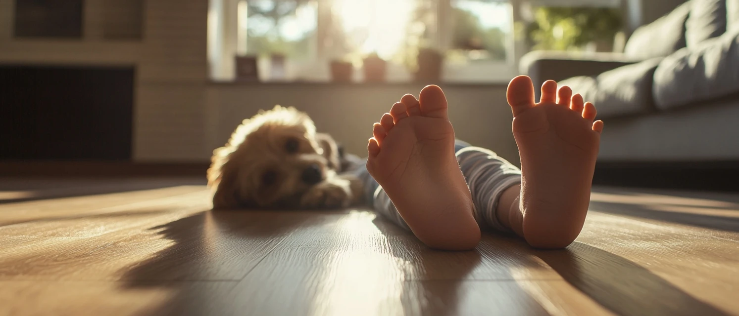 Pies descalzos y perro sobre piso SPC